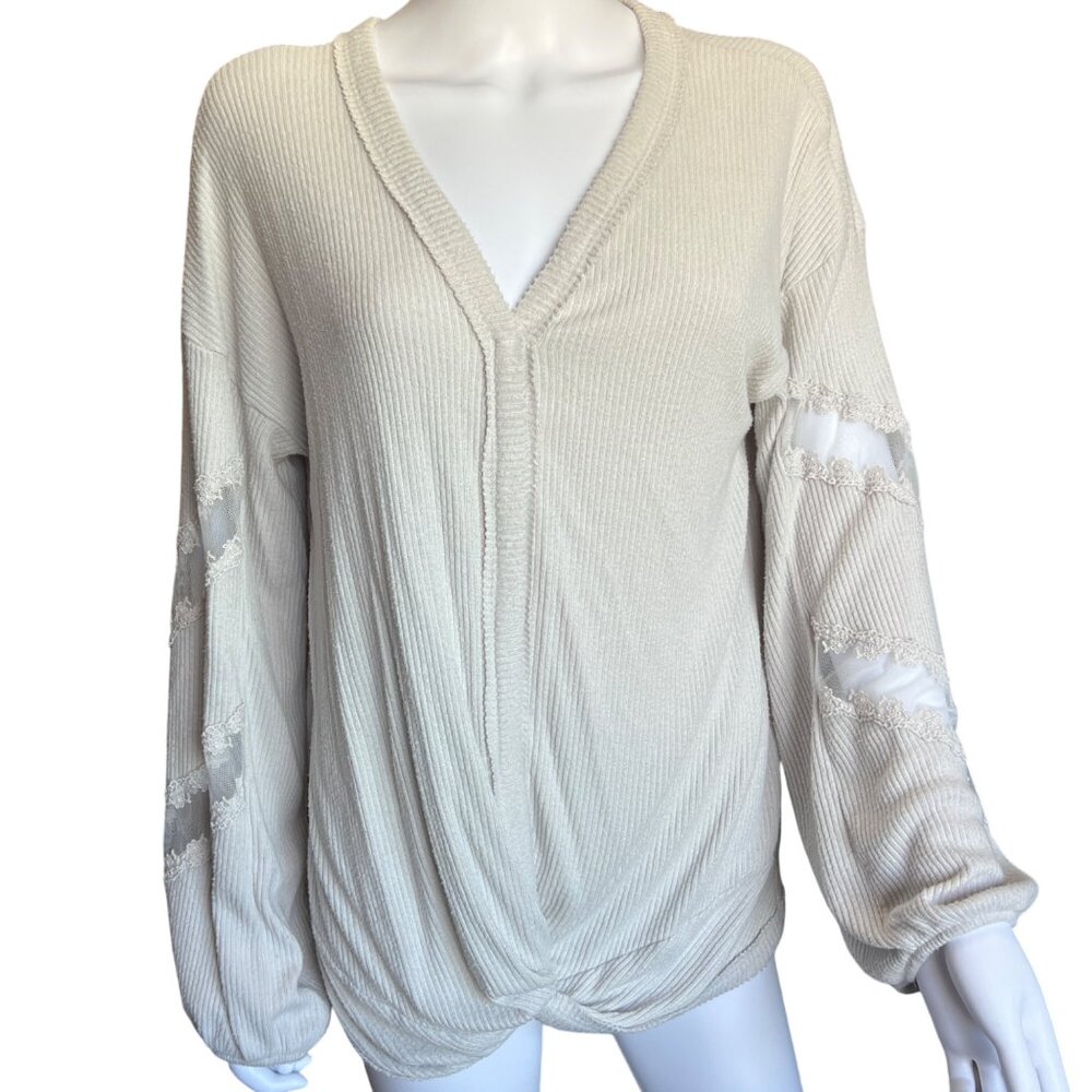 Daytrip Cream Lace Sleeve Ribbed Knit V-Neck Crossover Sweater Womens Size XL